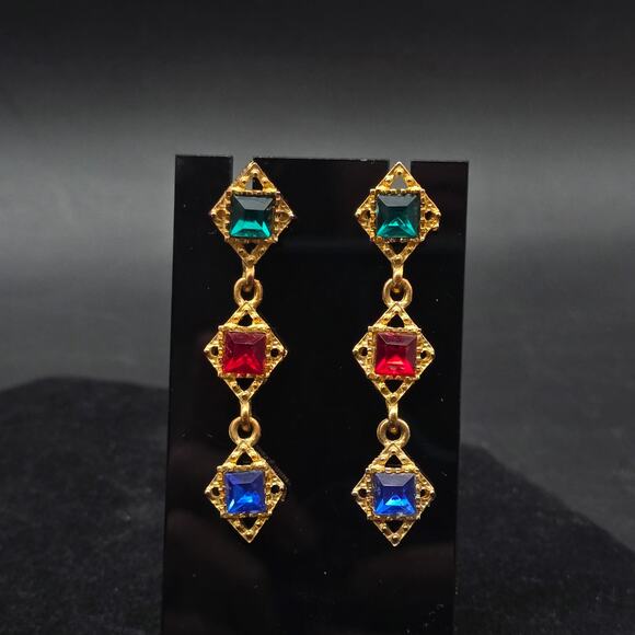 Mogul Rhinestone Earrings Gold Tone Gripoix Vintage Jewelry - Picture 1 of 8